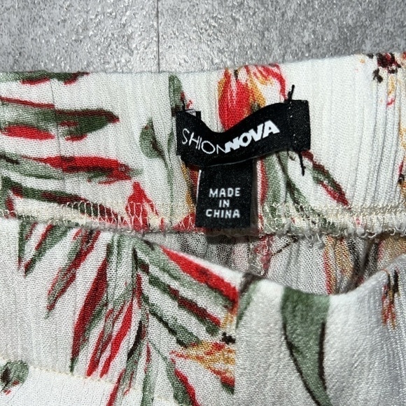 White floral linen pants elastic waist & pockets size medium red & orange - Picture 6 of 13